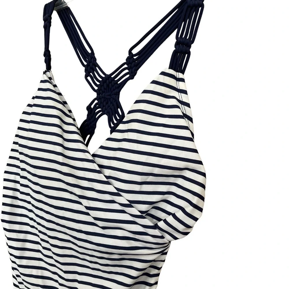 Kona Sol Bathing Suit Womens Medium Blue White Stripe 1 Pc Macrame Pool Vacation